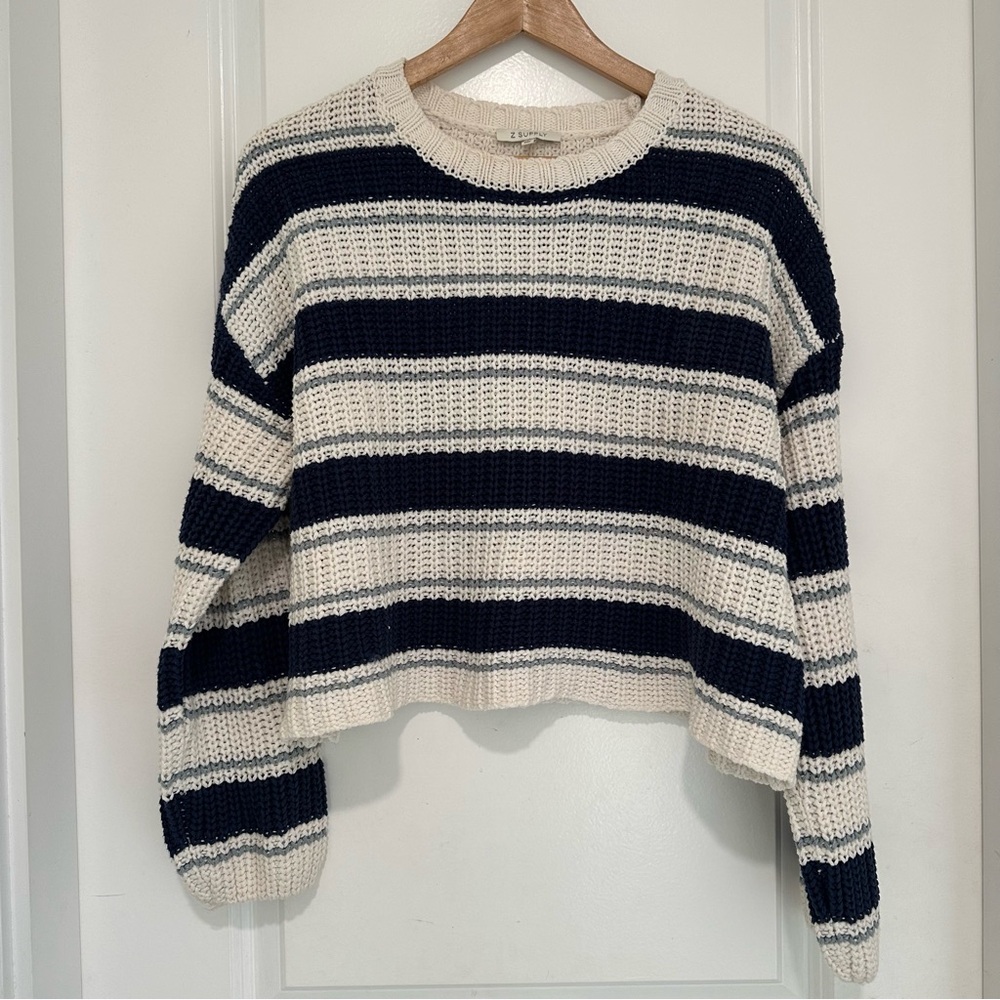 Z Supply Navy and Cream Striped  Cropped Crew Neck Sweater